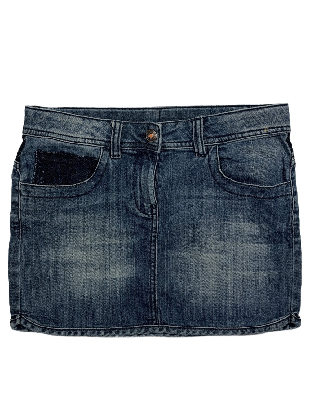 y2k Euro Benetton Jeans Blue Denim Mini Skirt w/ Lace detail